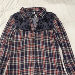 Free People Floral Lace Insert Plaid Cotton Top Long Sleeve Women's Size S